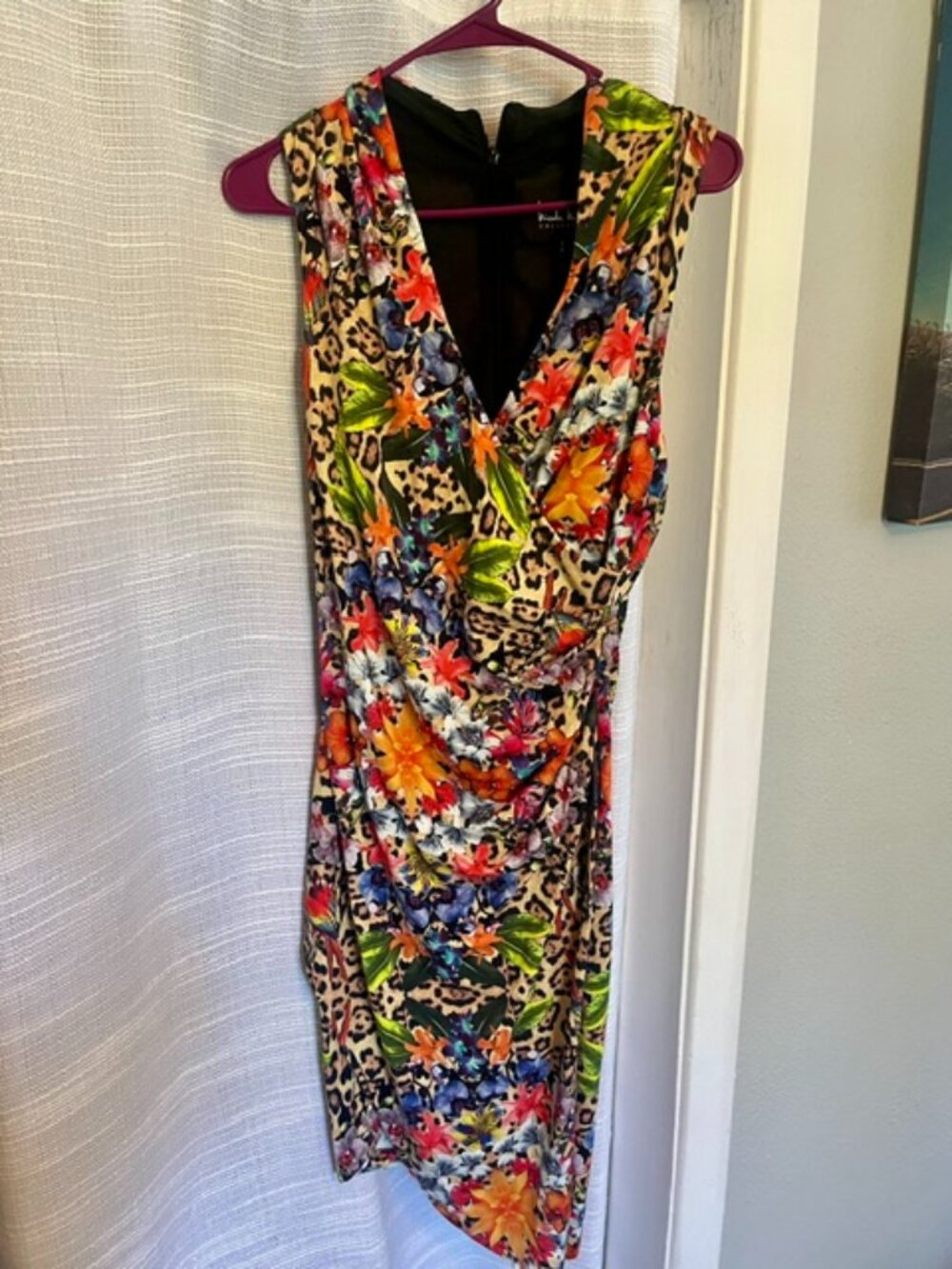 Nicole Miller Tropical Floral Leopard Print Faux Wrap Dress